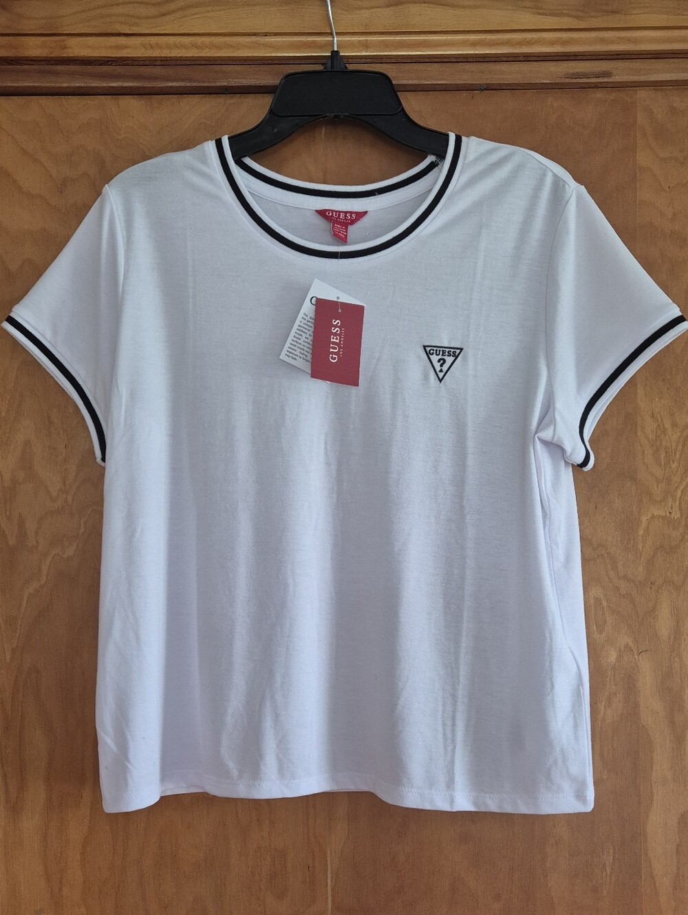 GUESS White Short Sleeve Ringer Tee with Black Trim